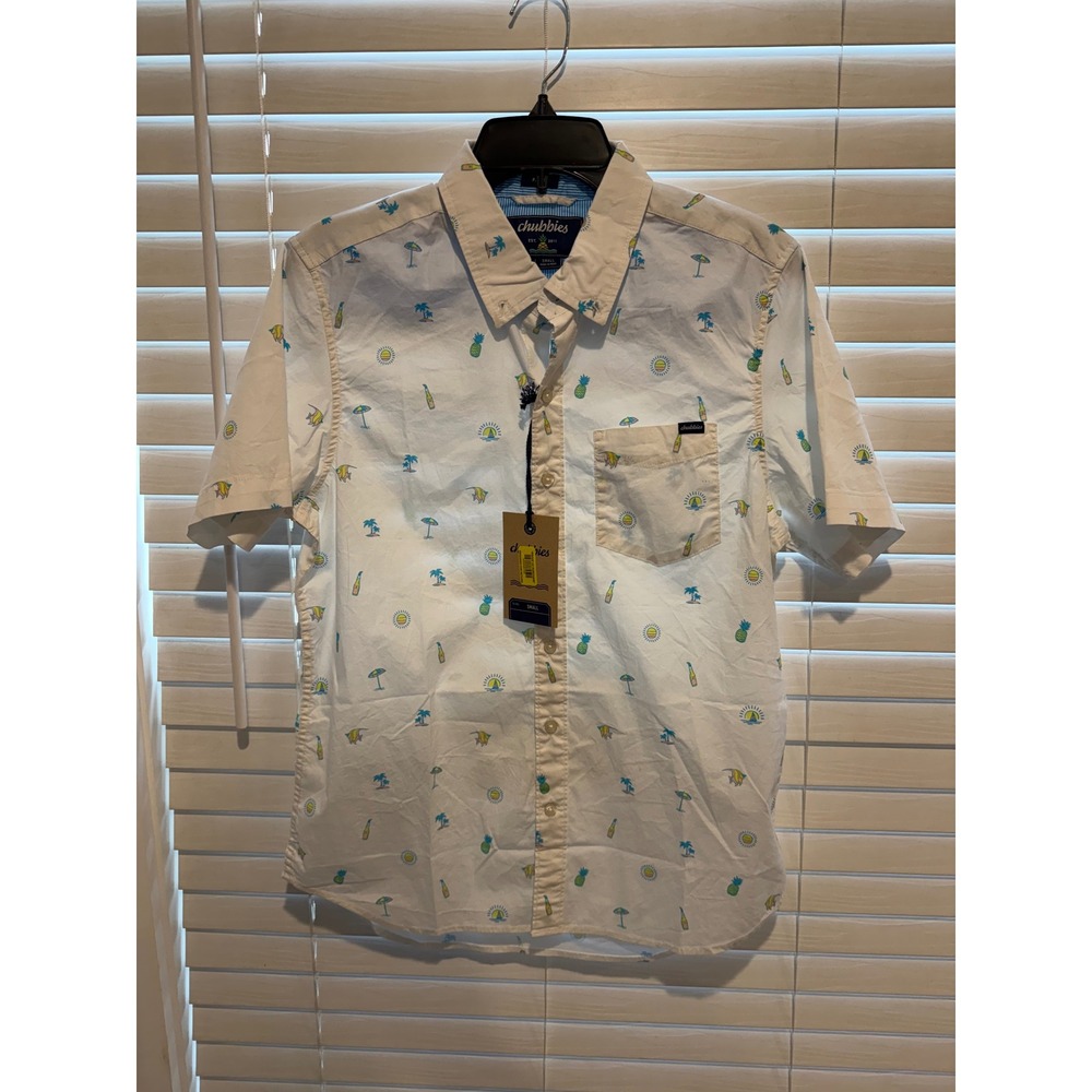 Chubbies Mens White Tropical Print Short Sleeve Button Up Shirt Size Small